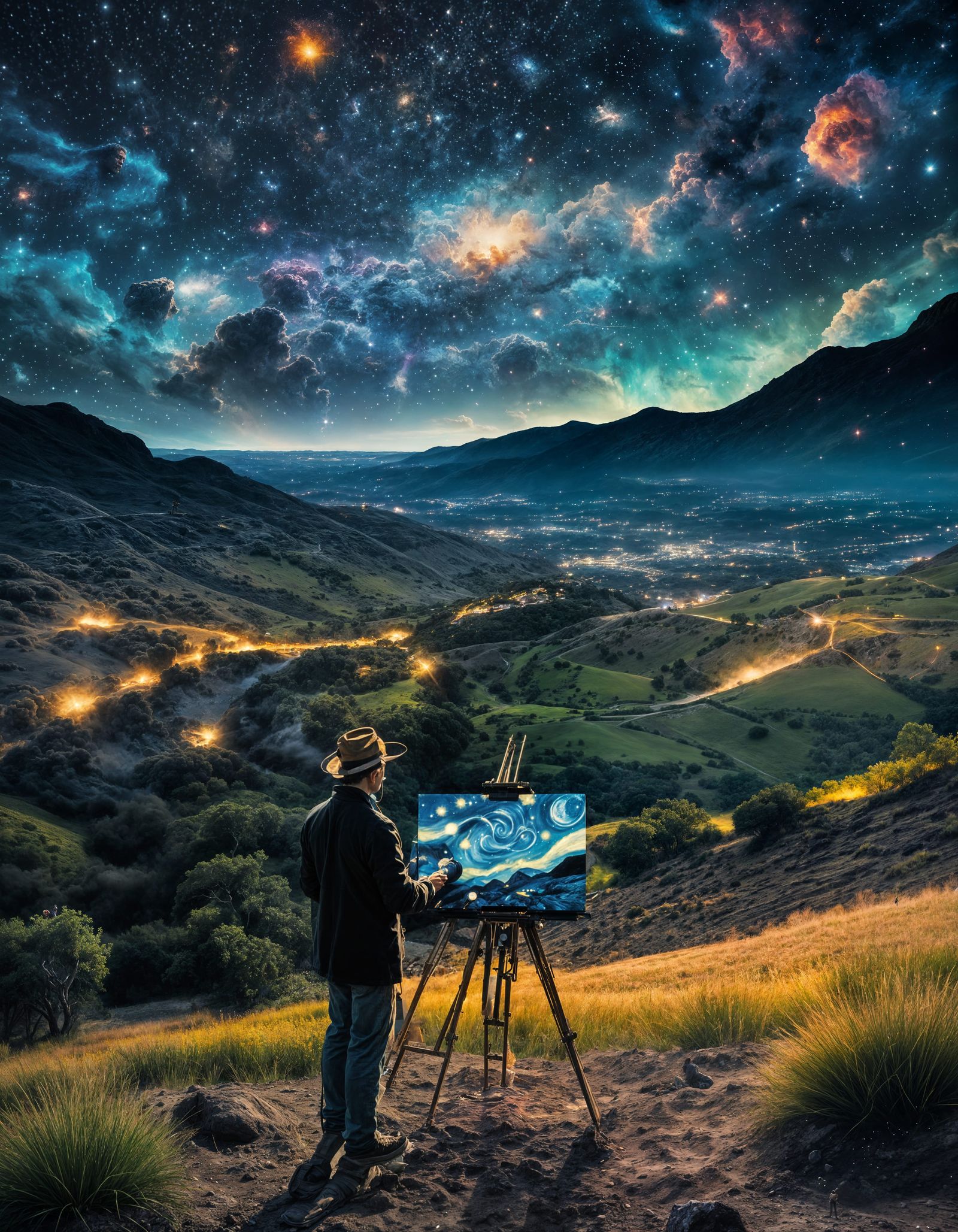 Nebulae Over Artist Painting Masterpiece, Realistic Photo