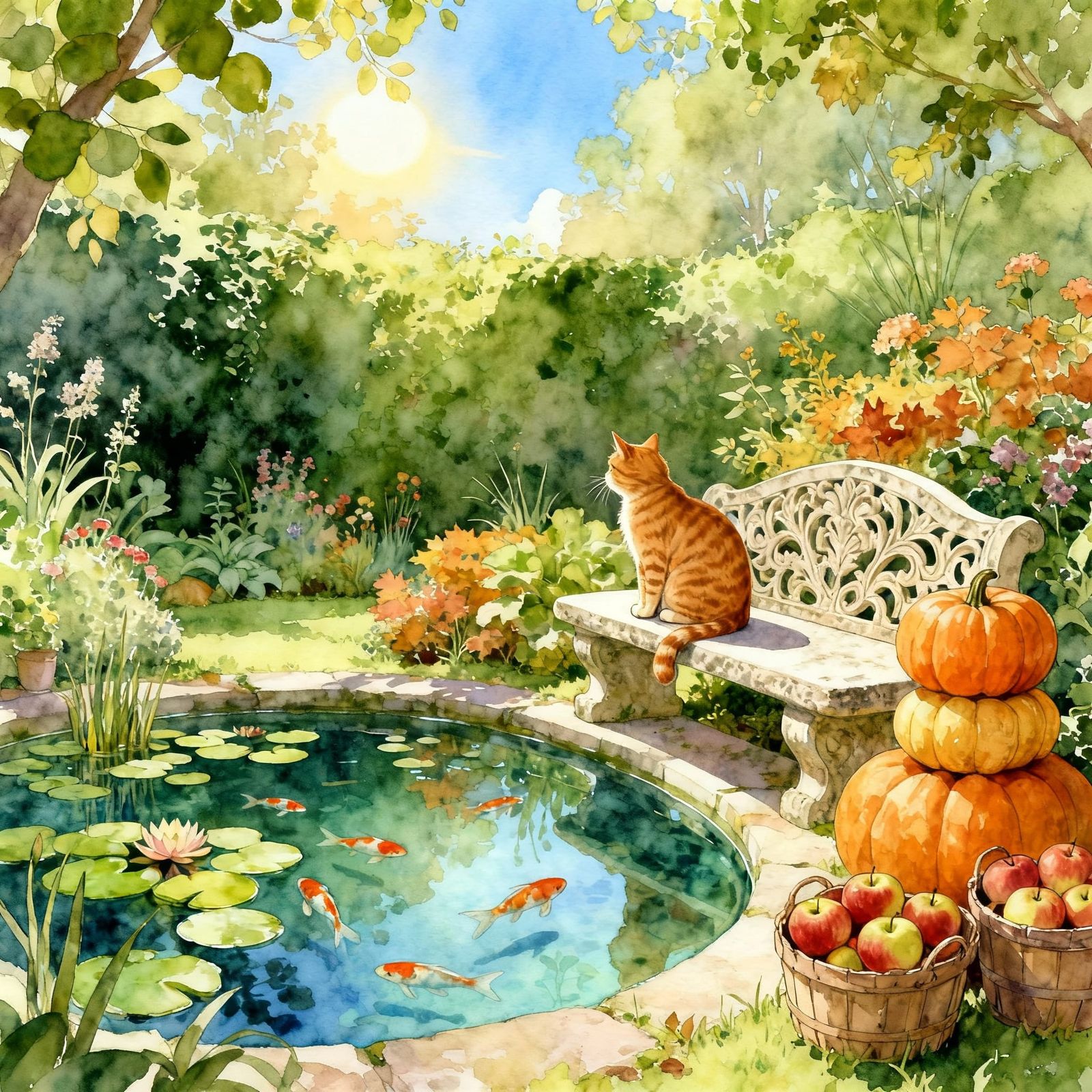 Sun-Dappled Garden Sanctuary with Tabby Cat and Koi Pond