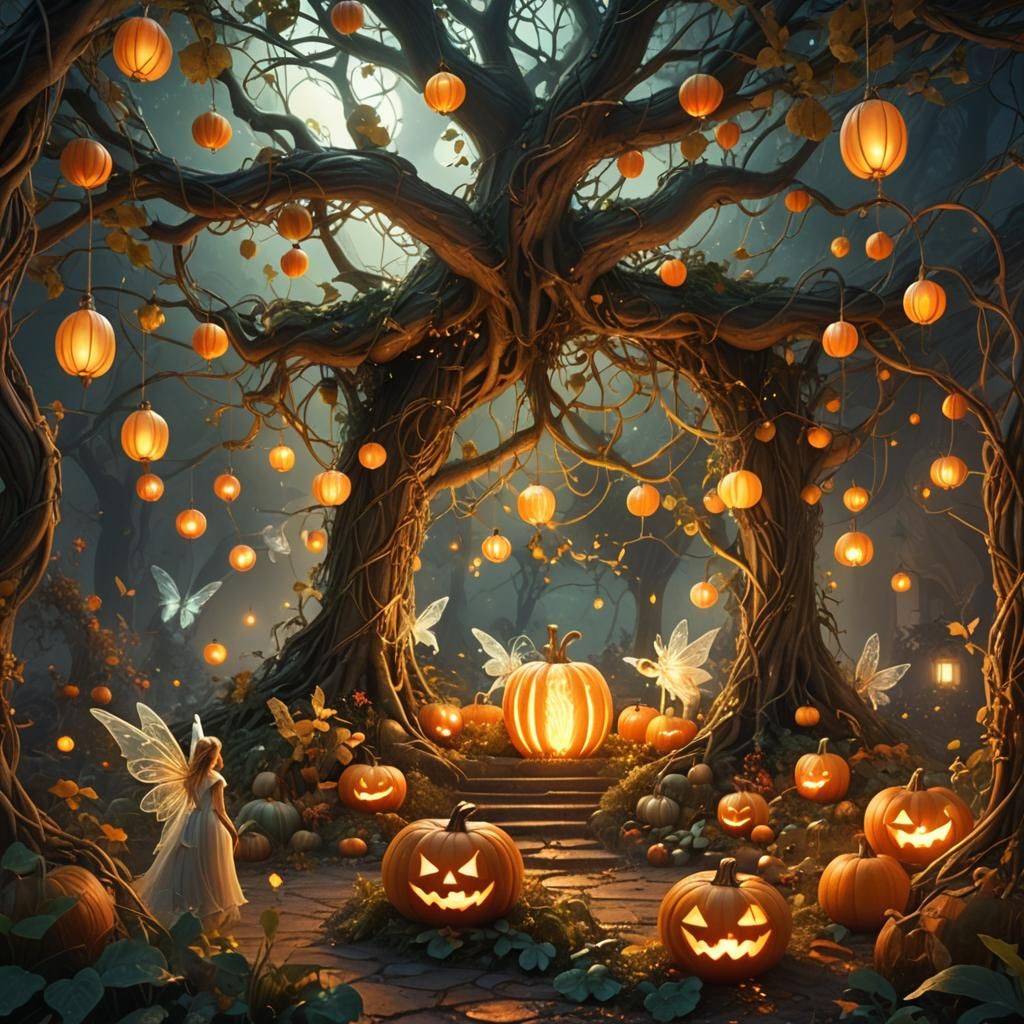 Fairies Gathered Around a Glowing Pumpkin