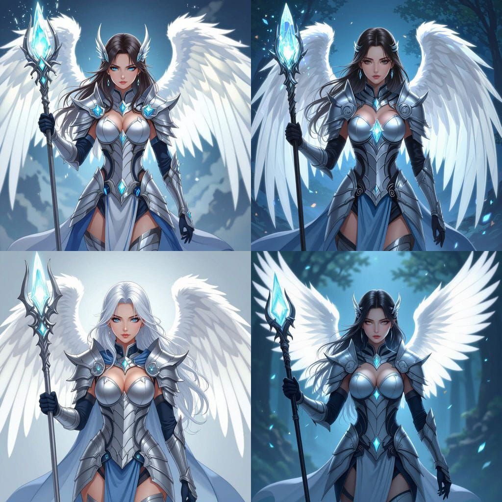 Anime Angel Warrior Woman in Silver and Blue Armor