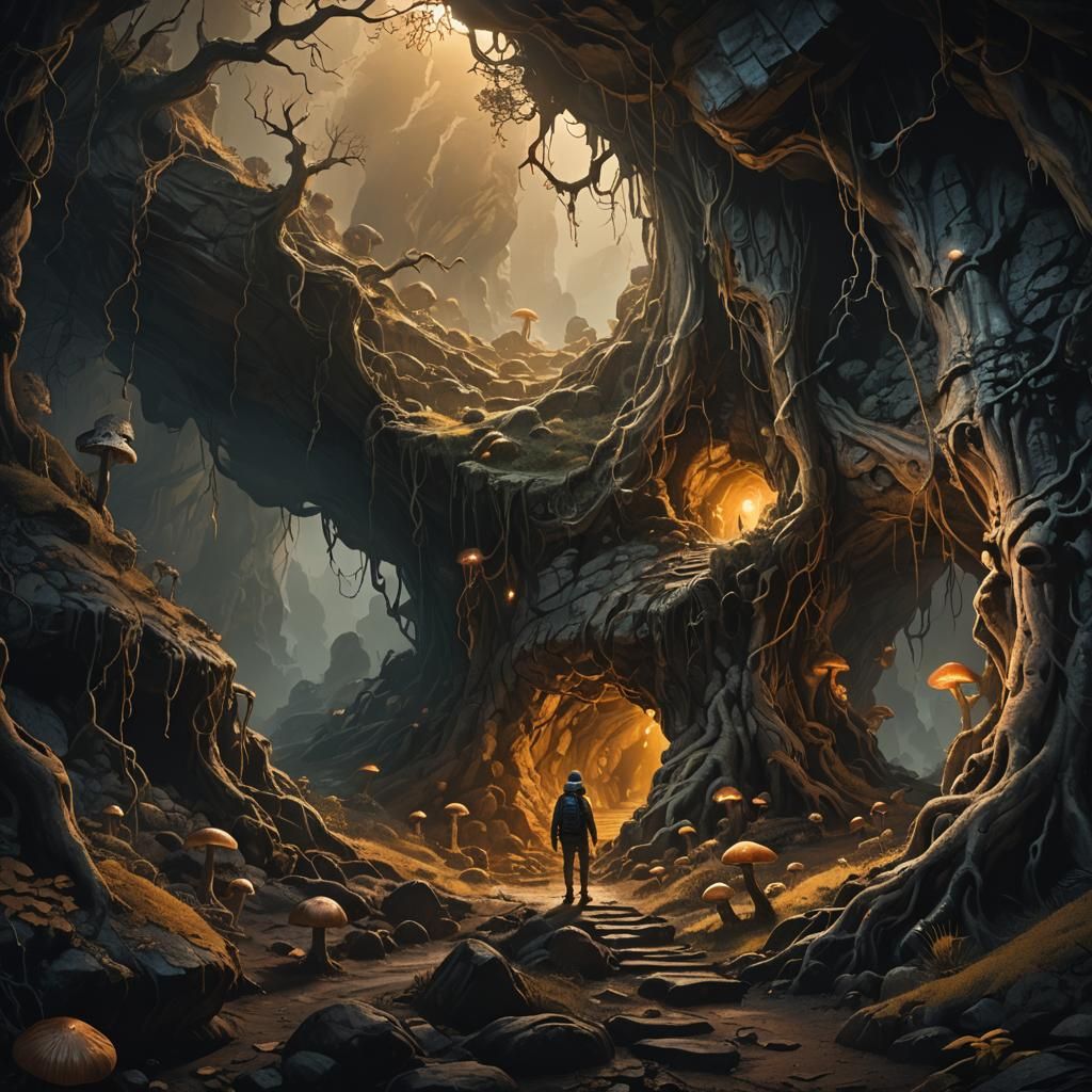 Eerie Mountain Cave Entrance in Dark Fantasy Style