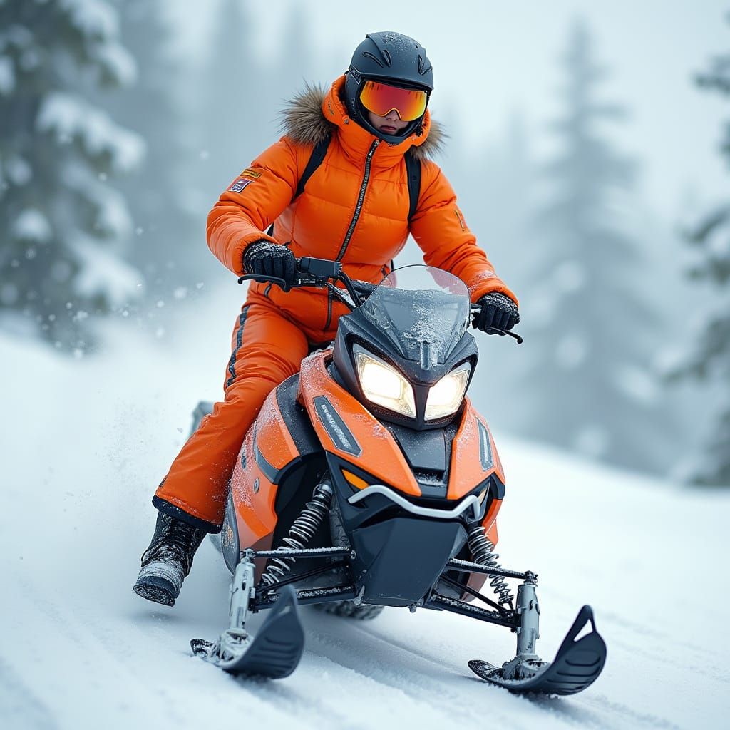 Woman Speeds Through Winter Wonderland on High-Tech Snowmobi...