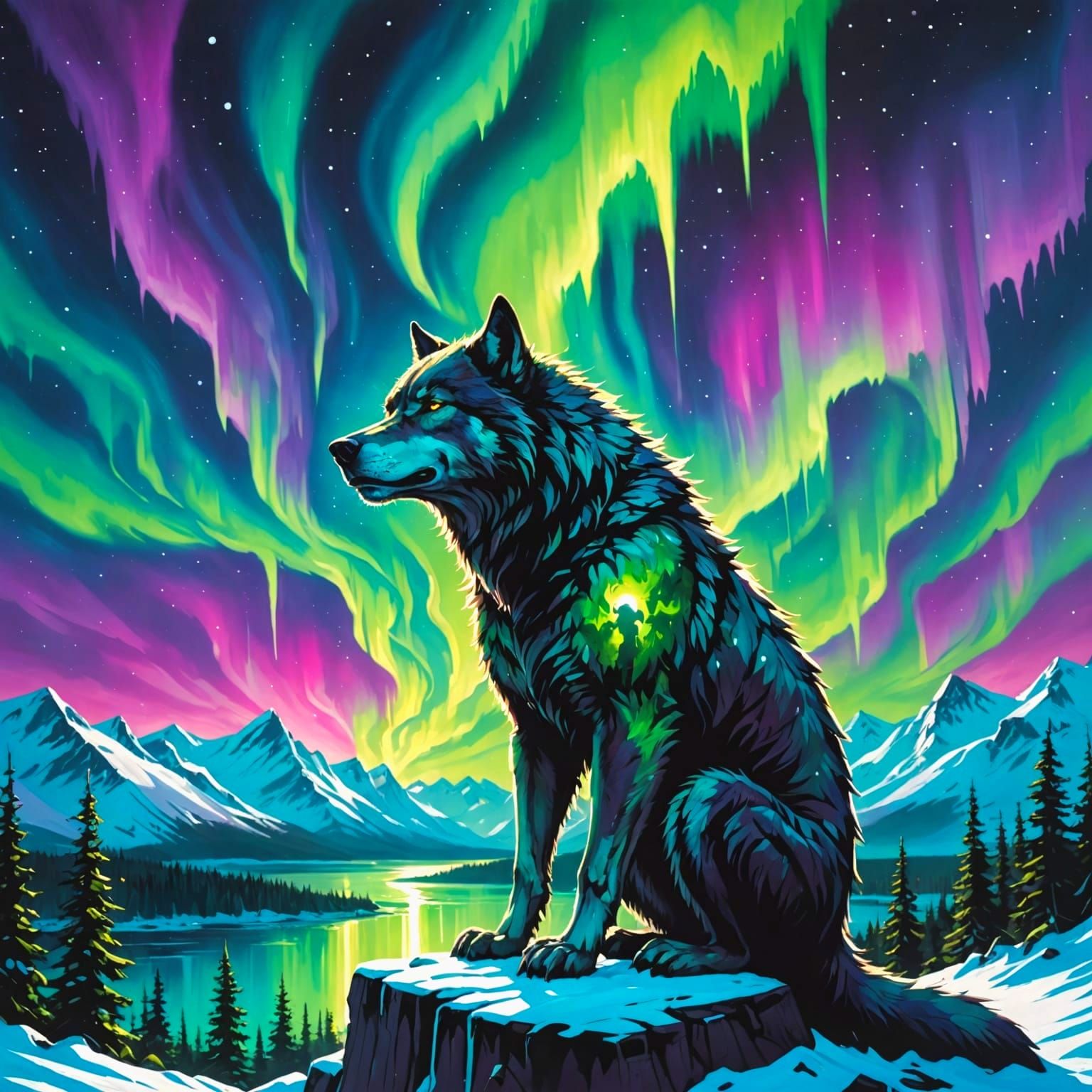 Werewolf Under Aurora Borealis and Full Moon