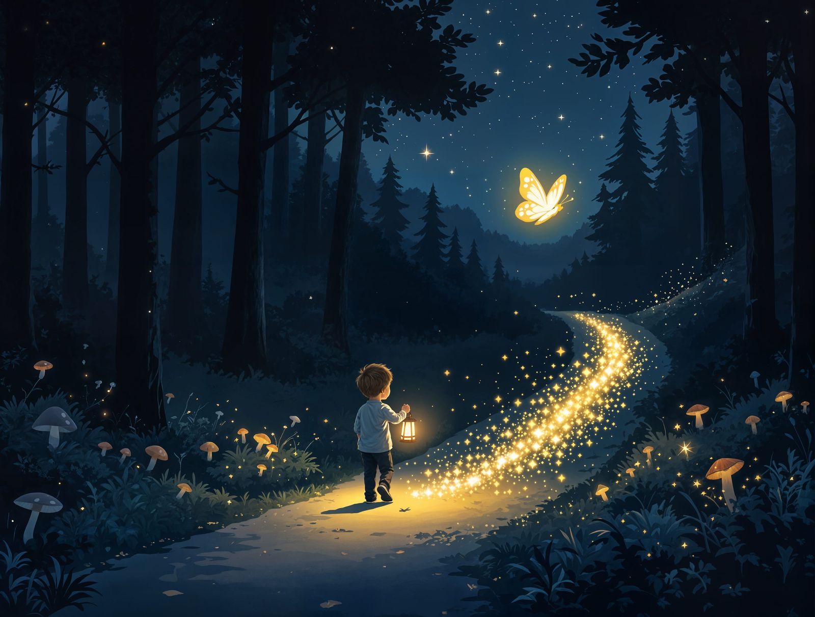 Whimsical Forest Path Illuminated by Glowing Butterfly