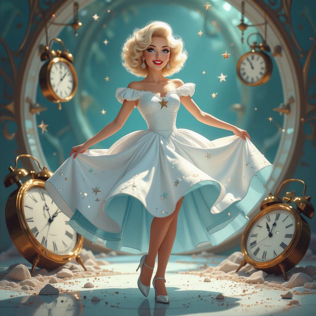 Dancing Woman with Broken Clocks in Art Nouveau Style