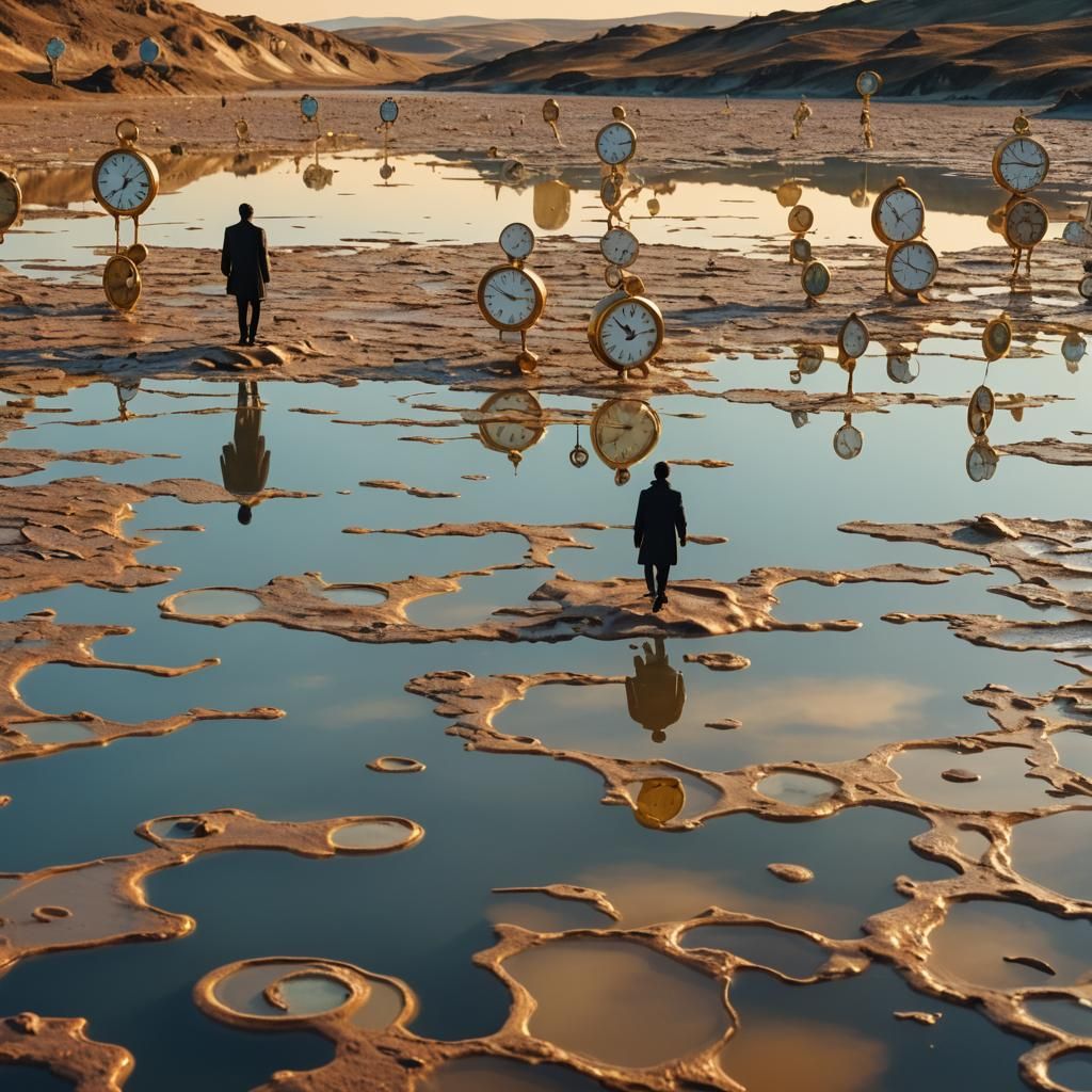Surreal Melting Clocks in Dreamlike Landscape