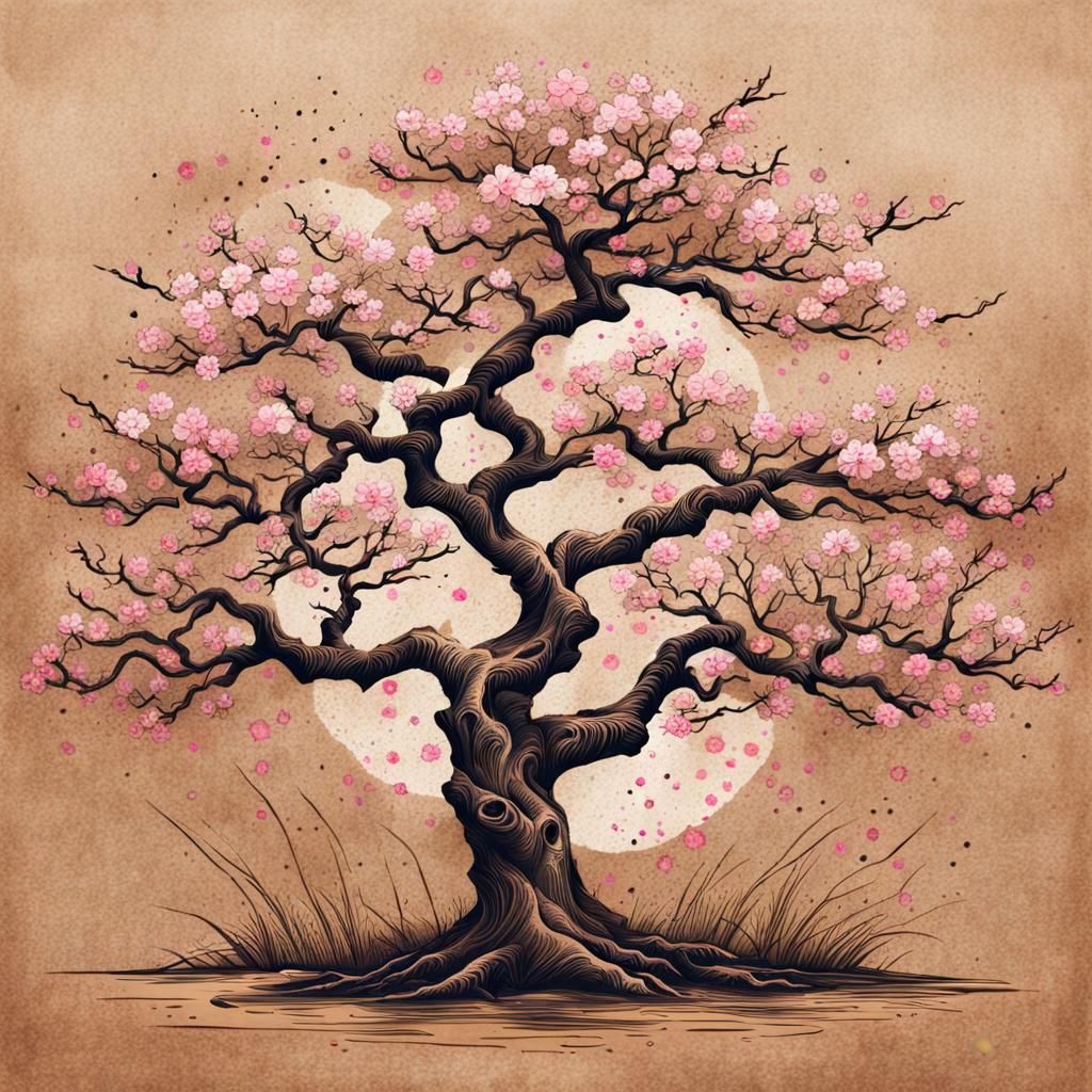 Sakura Tree in Pink Ink Drawing