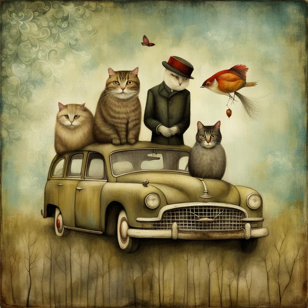 Surreal Fairy Tale Characters Gather in Whimsical Landscape