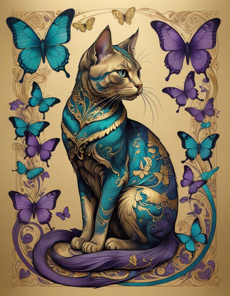 Surreal Art Nouveau Cat Adorned with Gold and Butterflies