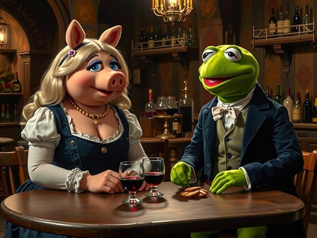 Kermit the Frog and Miss Piggy in a Tavern, rendered in the style of Caravaggio 😂😂
