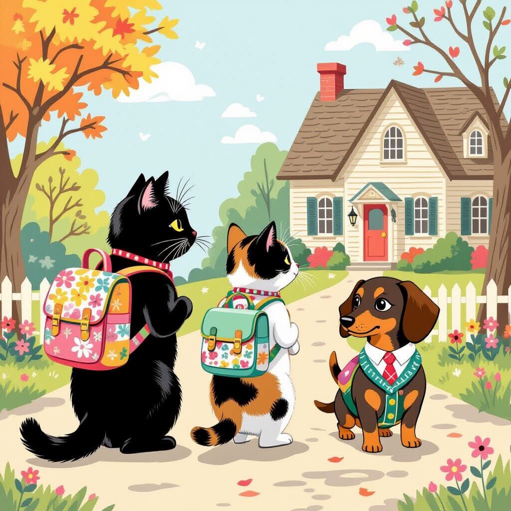 Cats and Dachshund Head to School