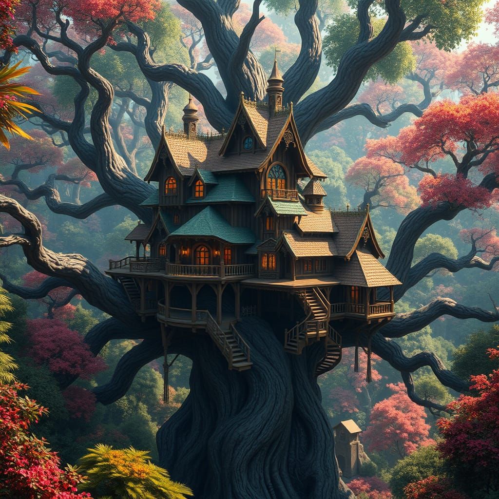 Fantastical Treehouse in Vibrant Forest Landscape