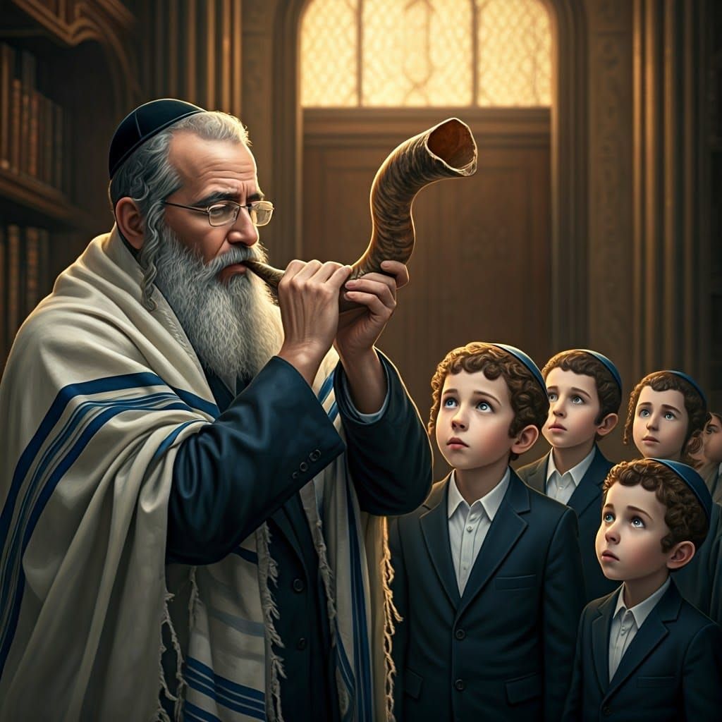 Devout Jew Blowing Shofar with Children