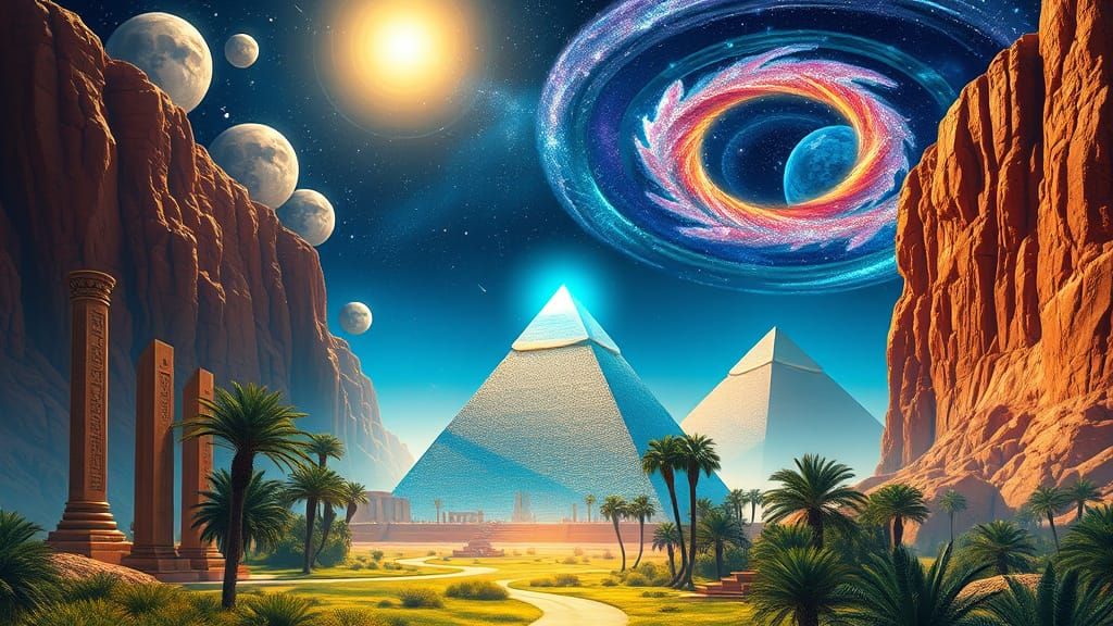 Egyptian Oasis Portal in Vibrant, Dreamlike Landscape