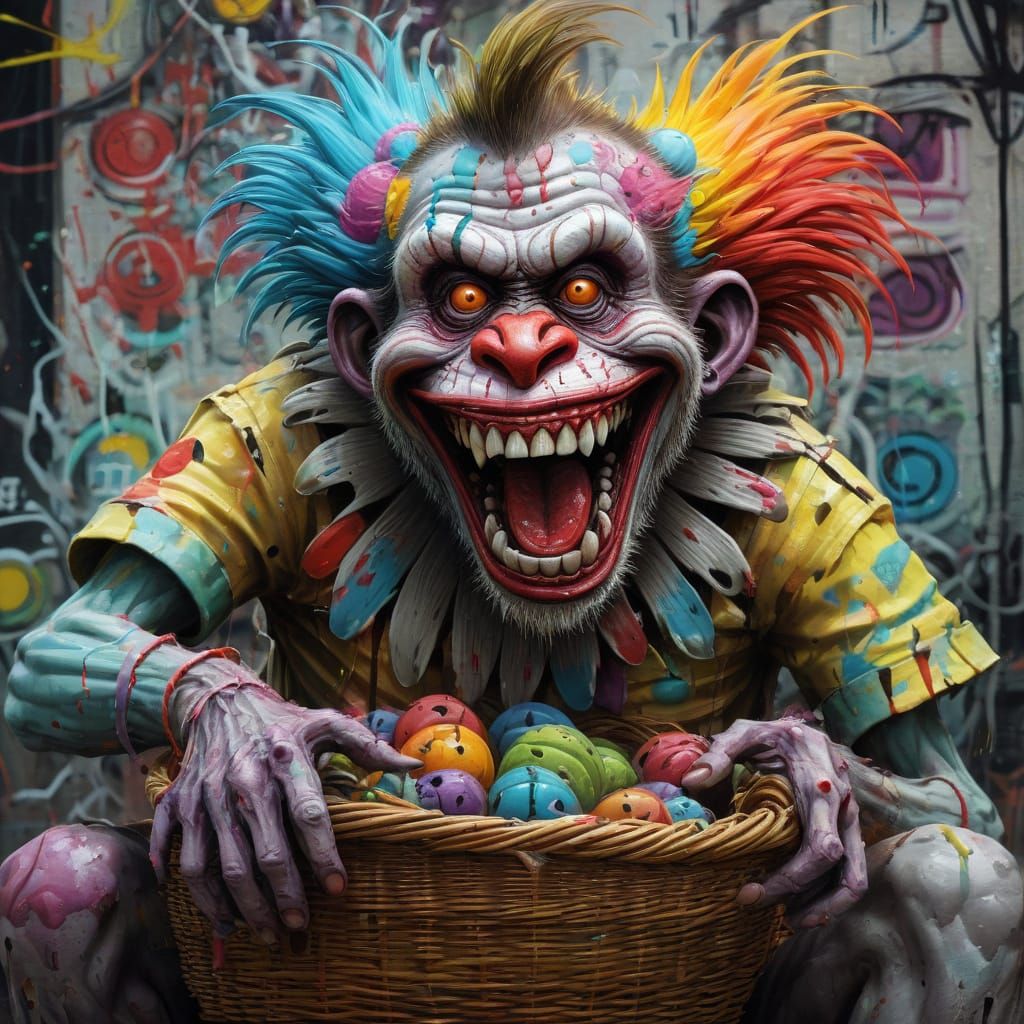 Zombie Monkey Clown Weaving Basket in Graffiti Art