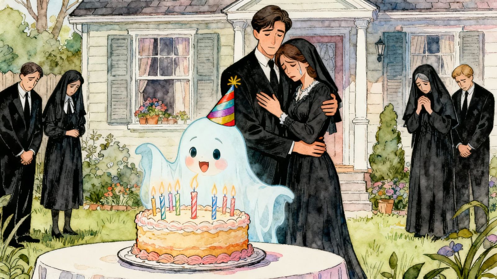 Ghost Child's Birthday Celebration with Mourning Family