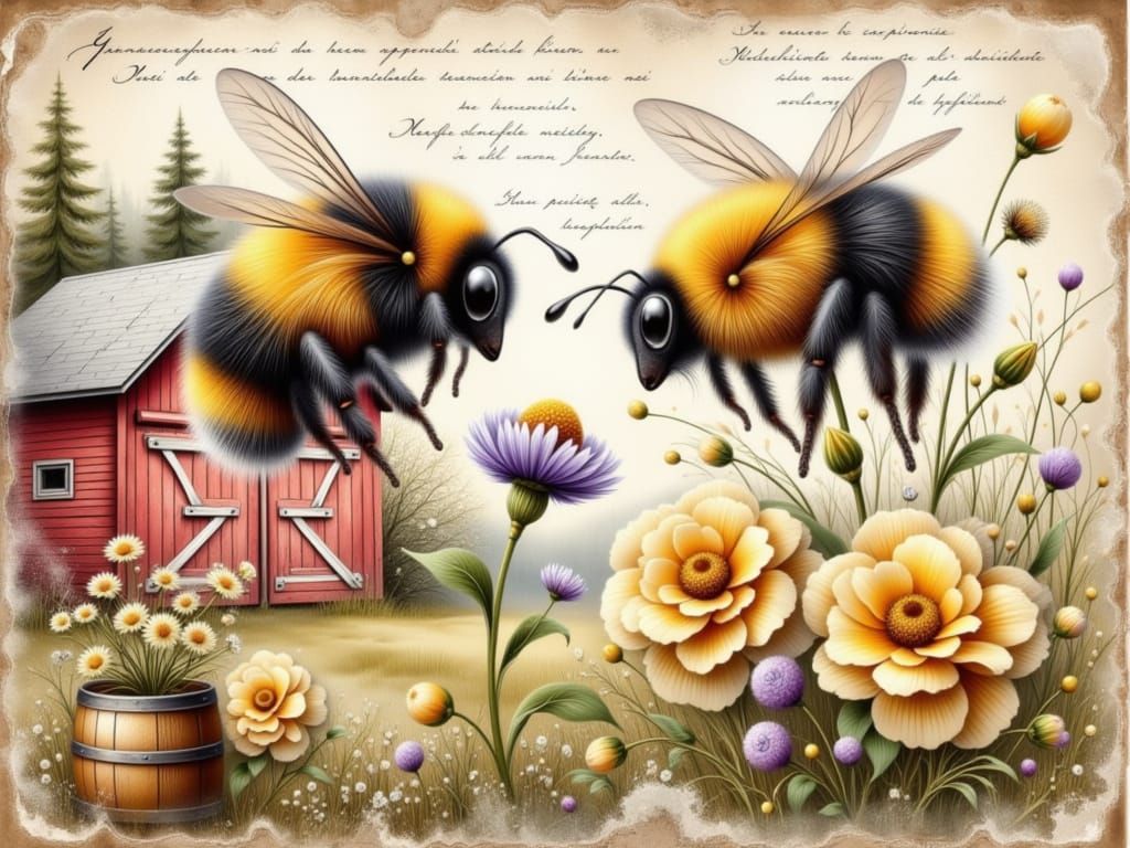 Vintage-Style Scrapbook Illustration of Bees and Barn
