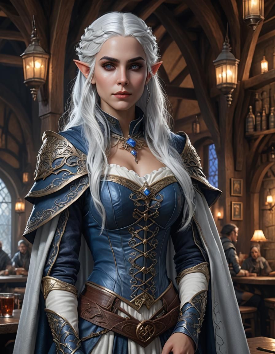 Blue-Skinned Elf in Medieval Tavern, Hyperrealistic Art