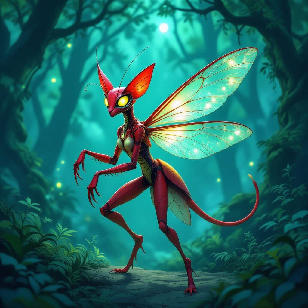 Bipedal Mantis Cat Fey in Bioluminescent Forest