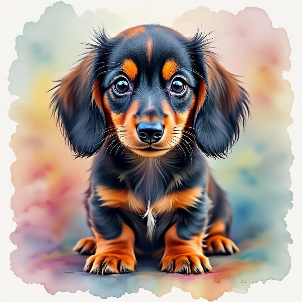 Adorable Dachshund Puppy in Vibrant Alcohol Ink and Watercol...
