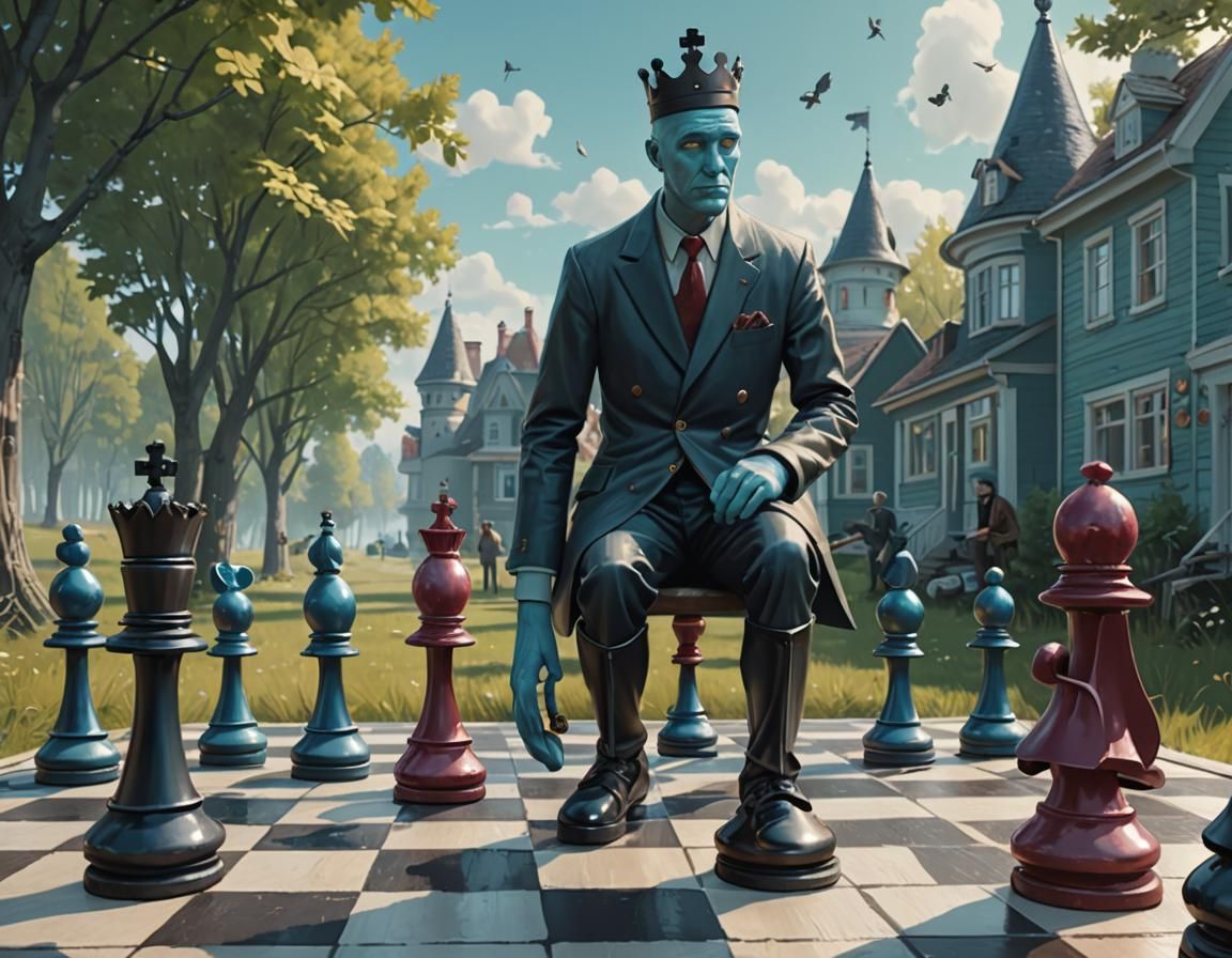 chess pieces with human legs playing a game, surreal, whimsi...