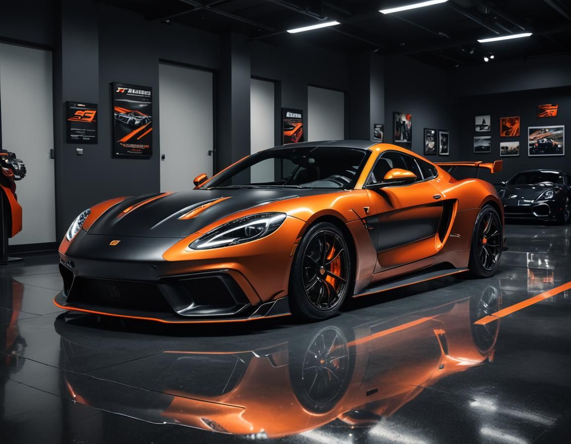 GT4 Car with Creative Livery in Dimly Lit Showroom