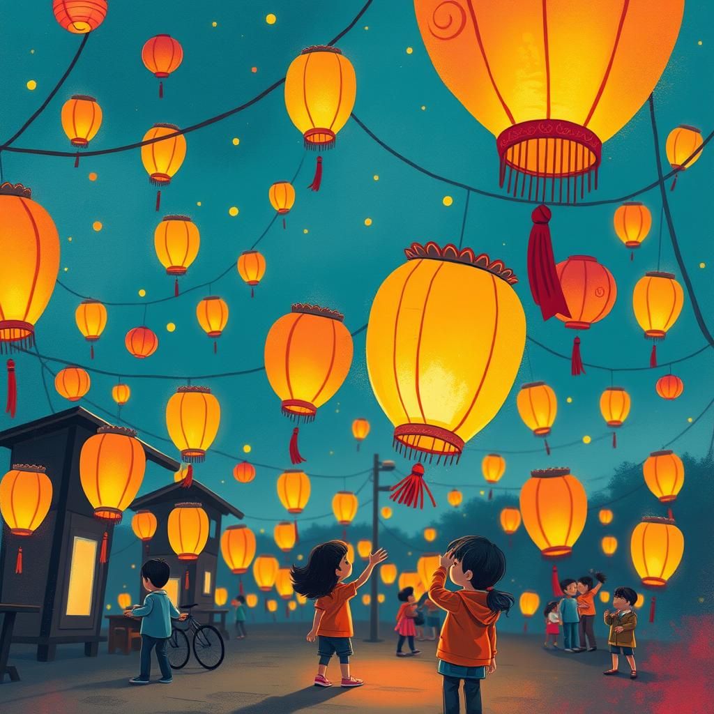 Vibrant Lantern Festival in Childlike Illustration Style