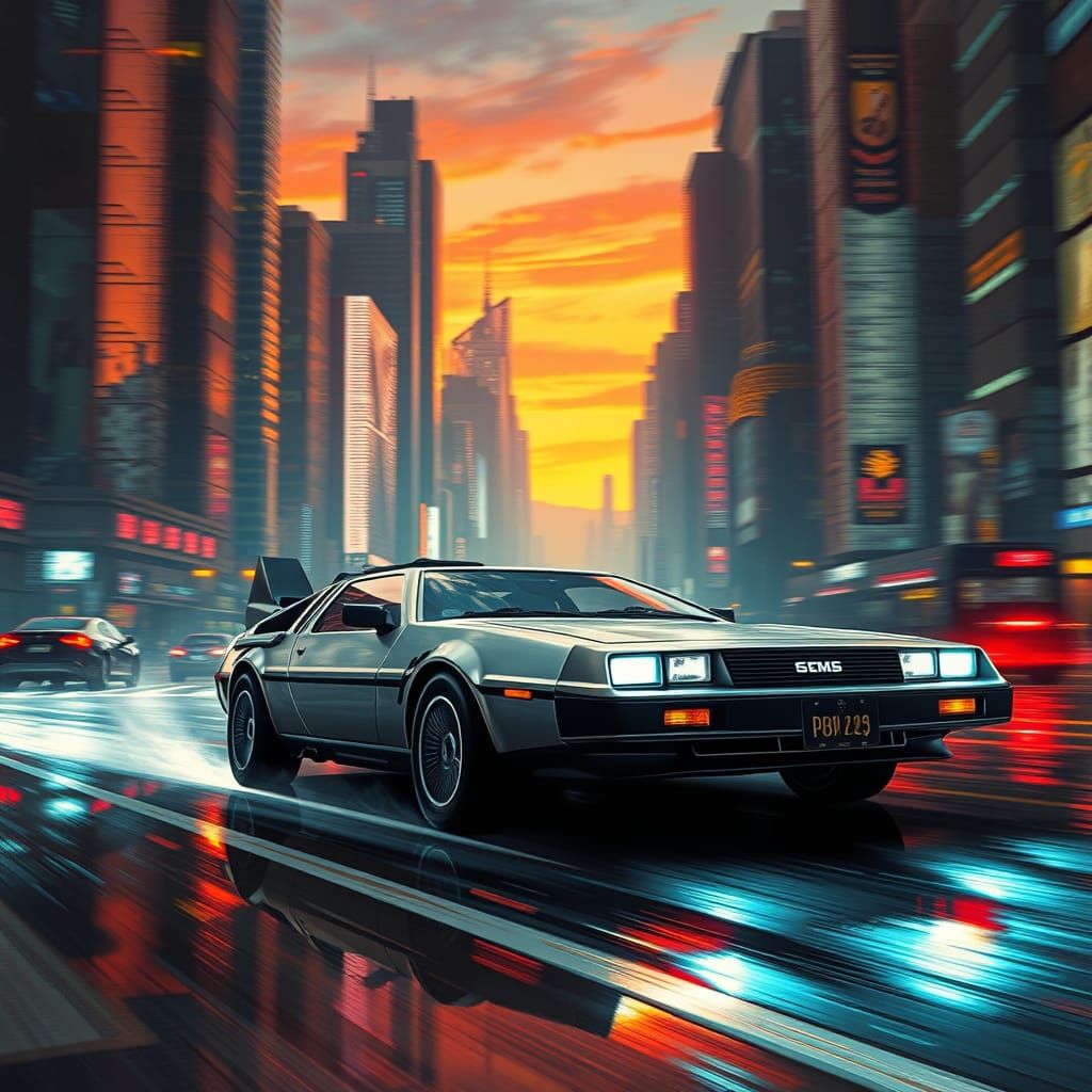 Futuristic DeLorean Speeds Through Neon Cityscape