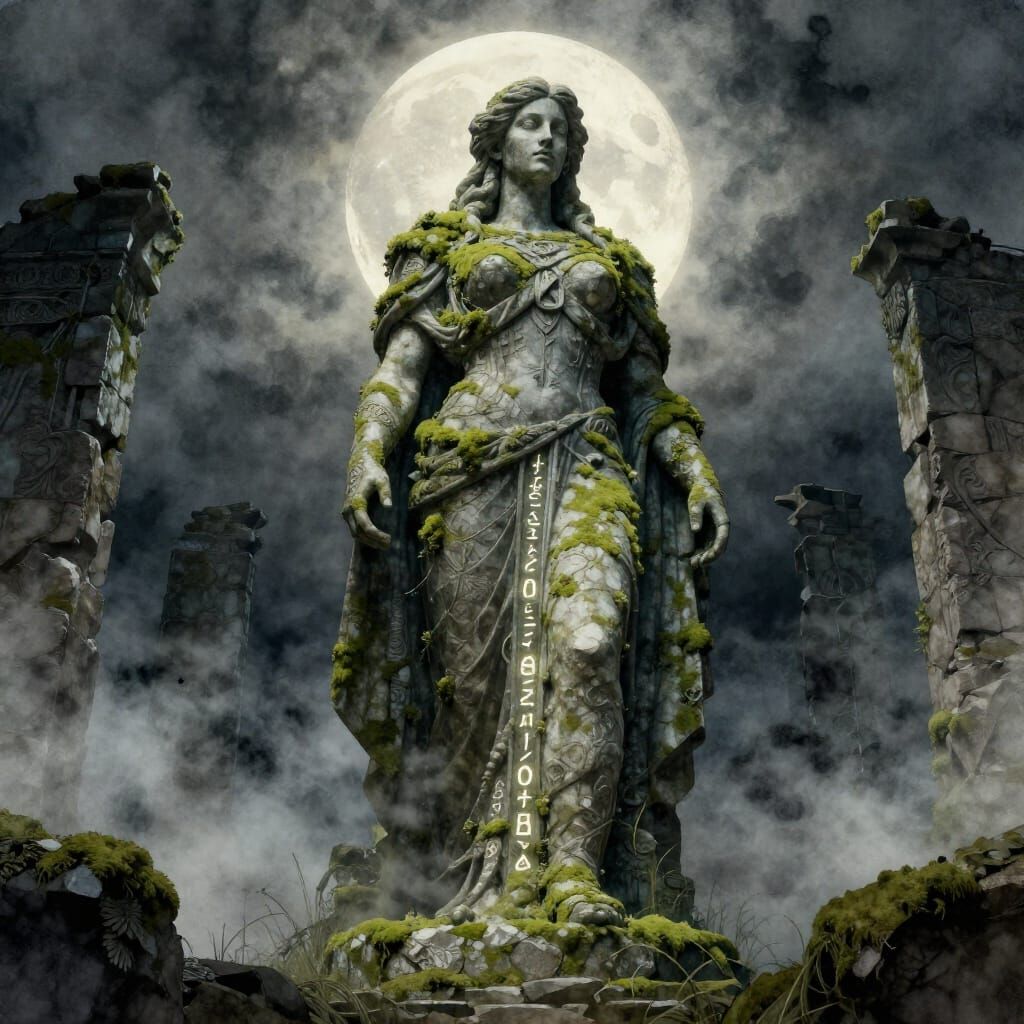 Ancient Sigrid Statue in Moonlit Ruins