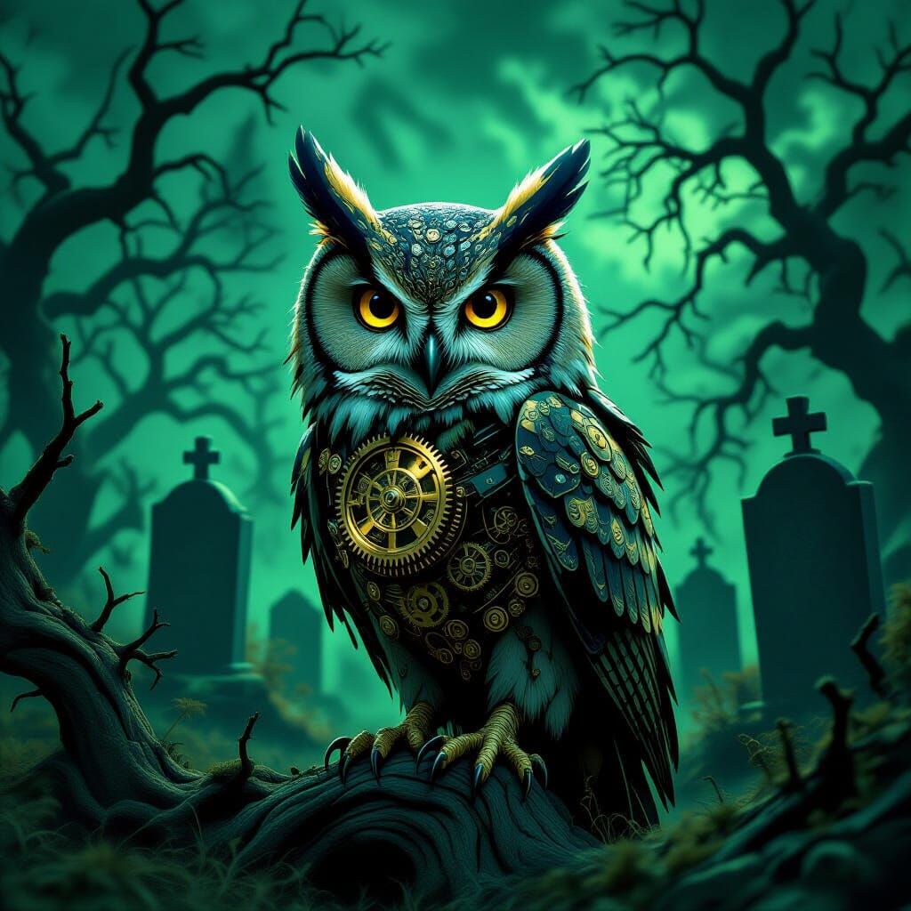 Clockwork Owl in Spooky Graveyard