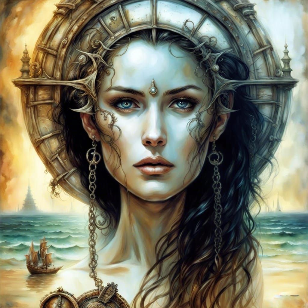A calm adventuress with a hourglass figure looking at the Island. Luis Royo, Jose Royo, Grzegorz Rosiński, detailed bac...