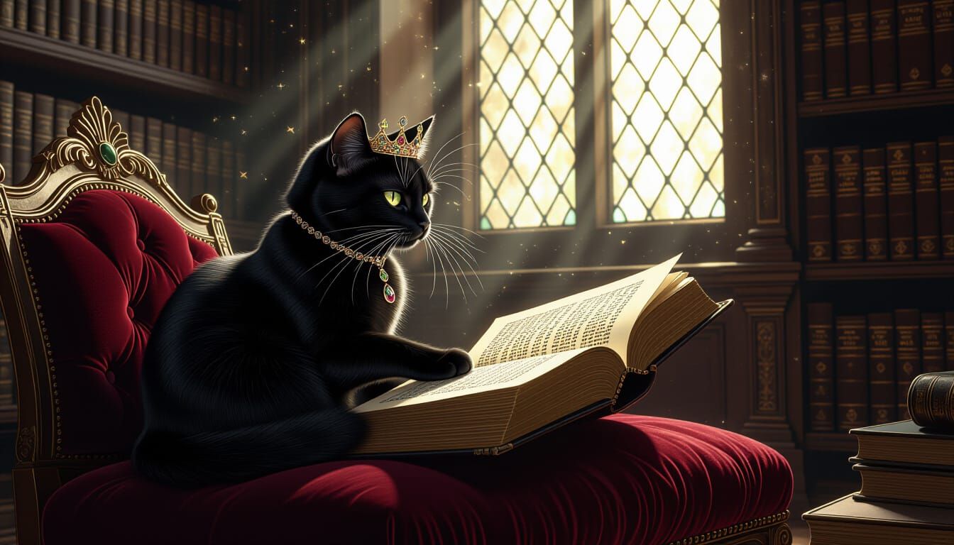 Majestic Black Cat with Crown in Ancient Library