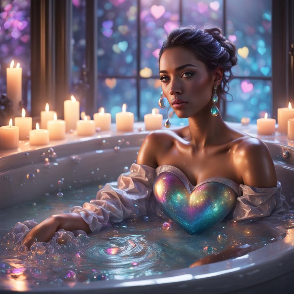 Iridescent Heart Bubbles in Candlelight Portrait