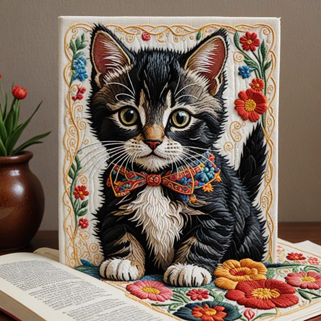 Whimsical Study Scene with Kitten and Quilt