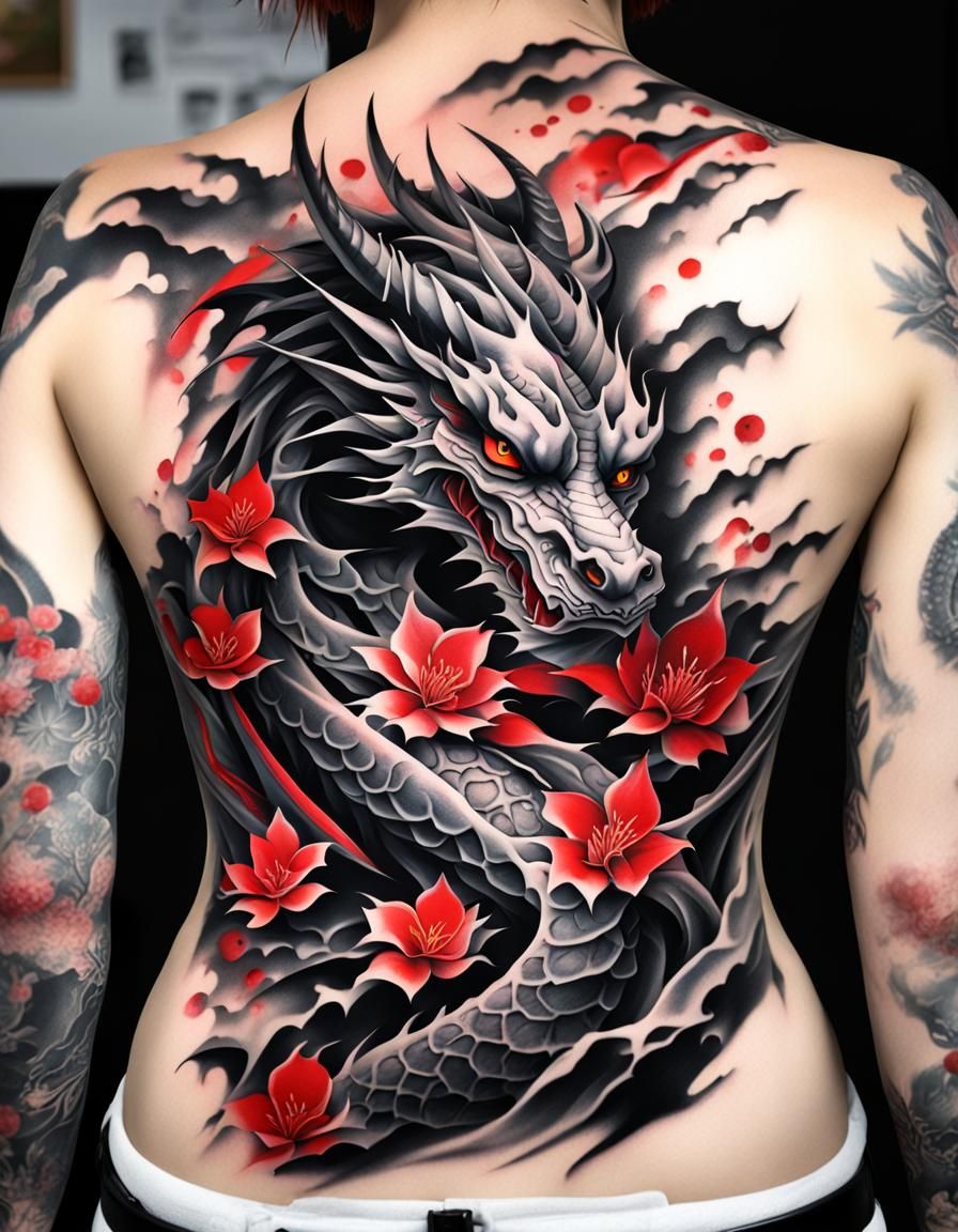 Black grey dragon japanese cherry tree red chest woman tattoo