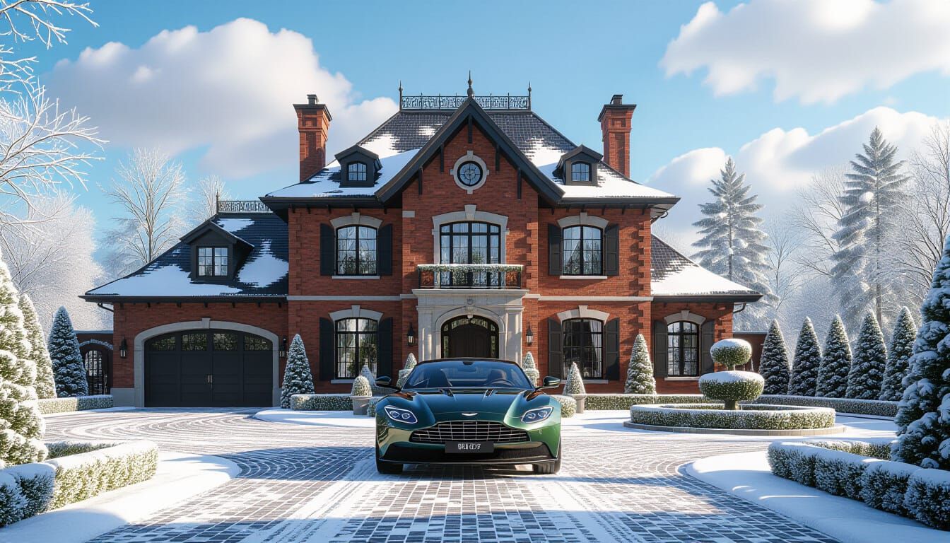 Victorian Chateau With Aston Martin in Snowy Garden
