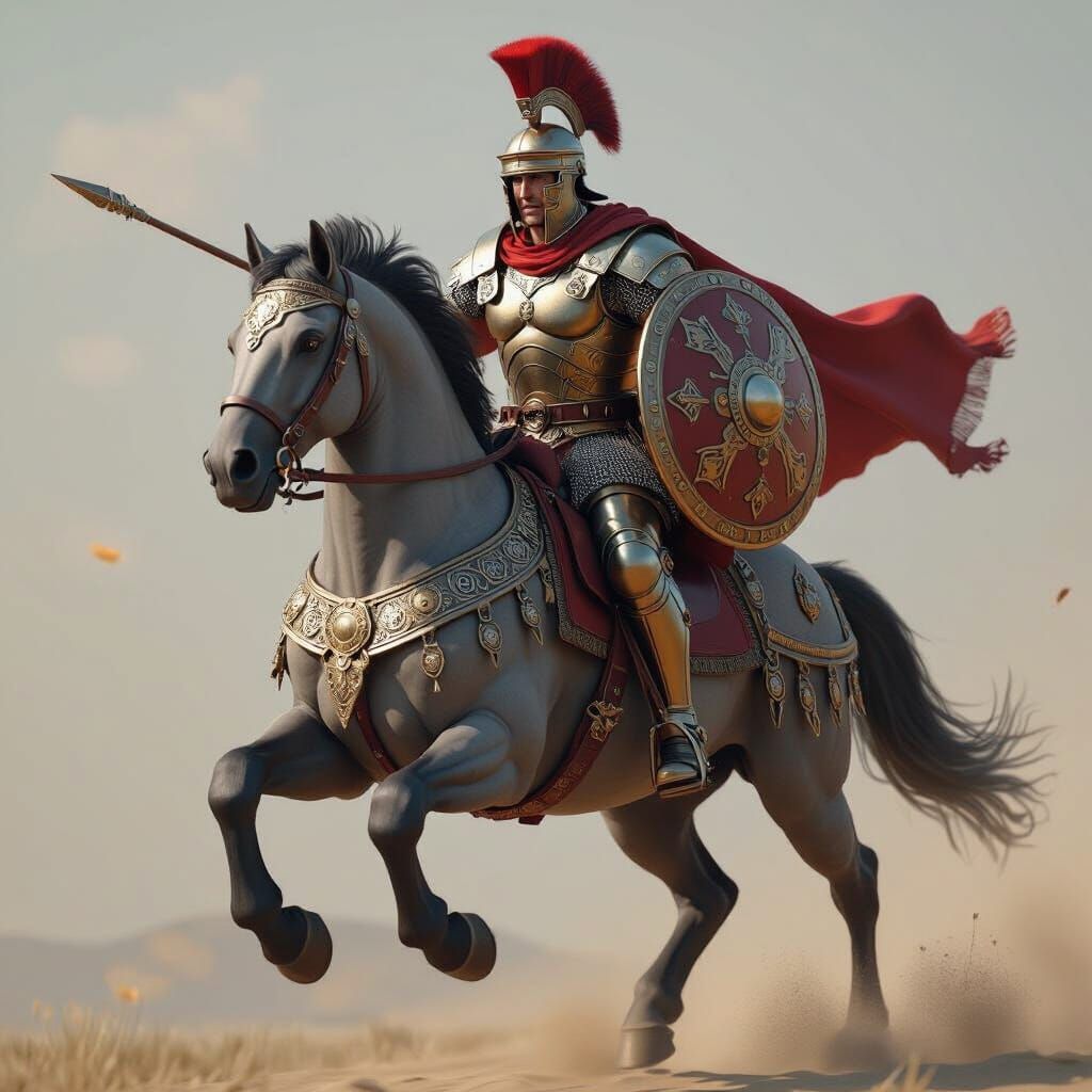 Roman Warrior on Warhorse Charging, in 3D Anime Style