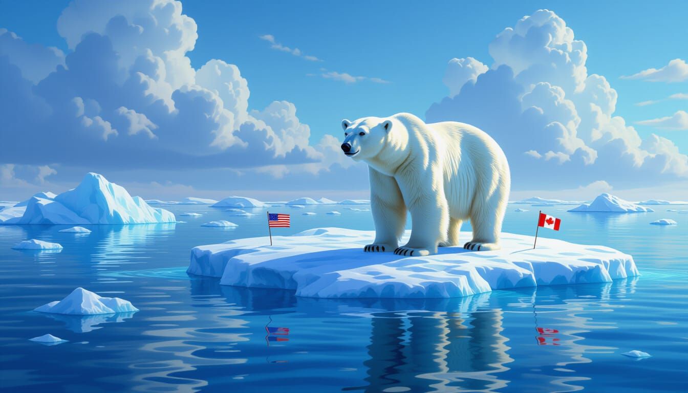 Polar Bear on Melting Ice with Global Flags