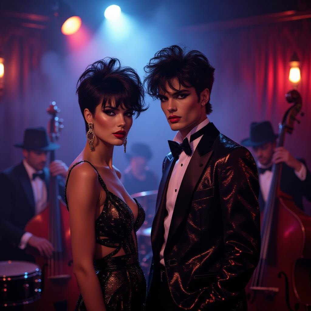 Androgynous Figure in Smoky Jazz Club, Pop Art Style