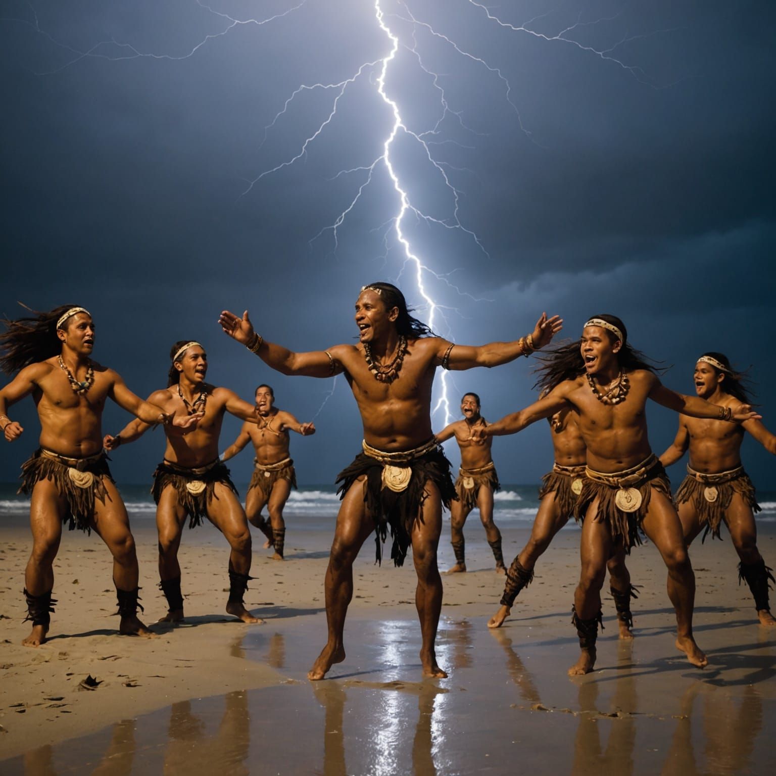 Tribal Dancers Under Lightning on Pacific Beach