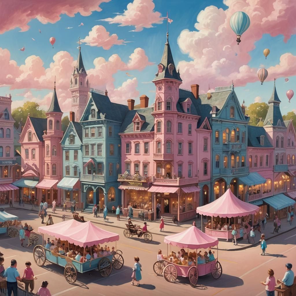 Whimsical Victorian Street Scene in Pastel Colors