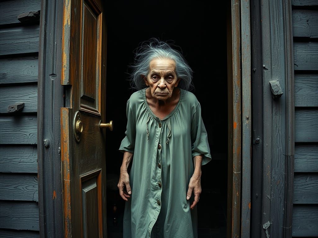 Sinister Old Woman in Dark Doorway
