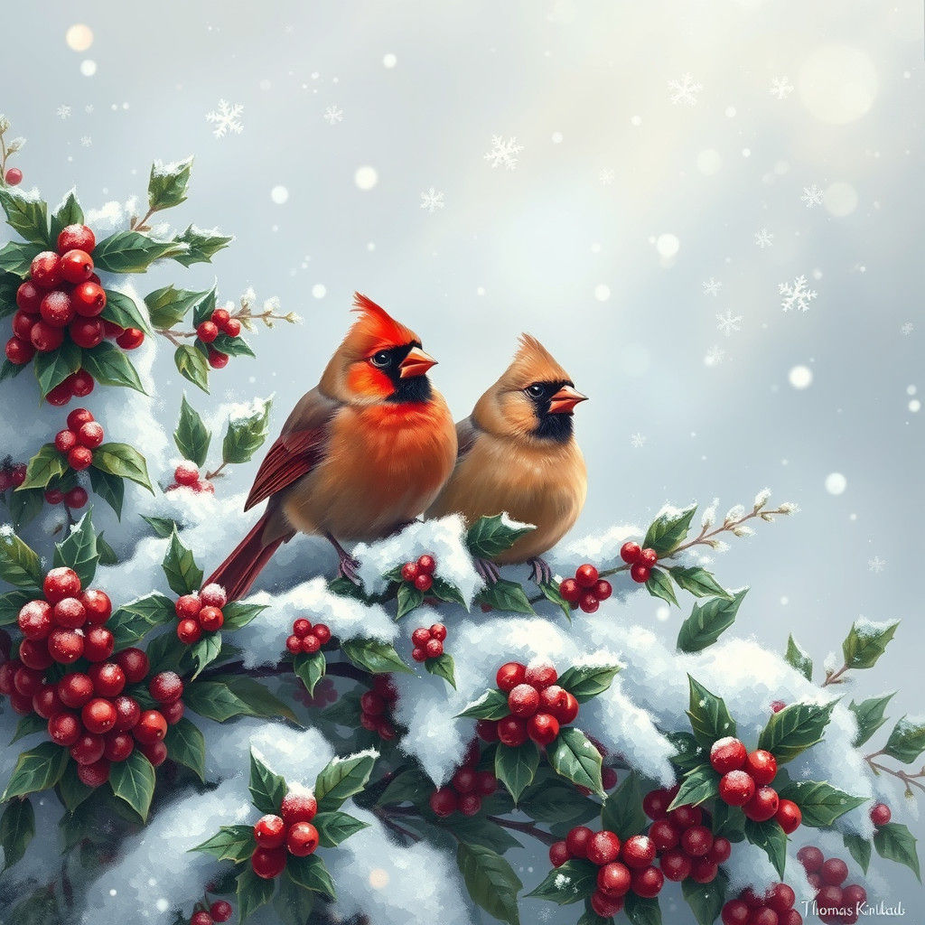 Cardinals in Holly Bush, Winter Scene in Luminism Style