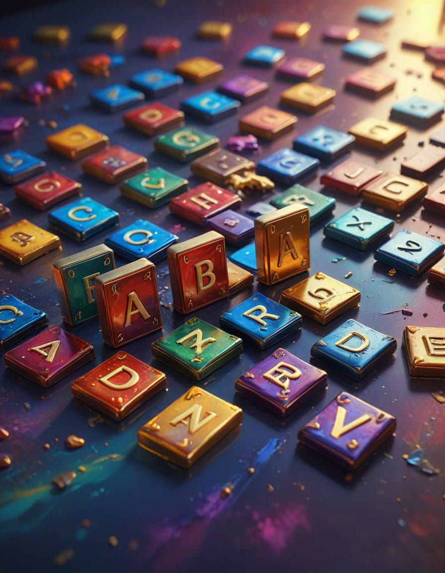 Vibrant Oil Painting of Alphabet Magnets in Triadic Colors