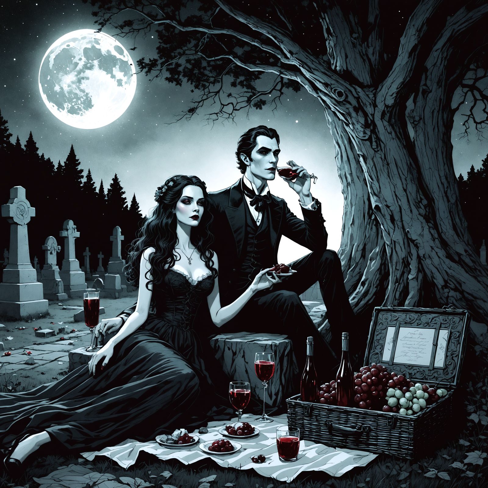Ethereal Gothic Vampire Picnic in Cemetery
