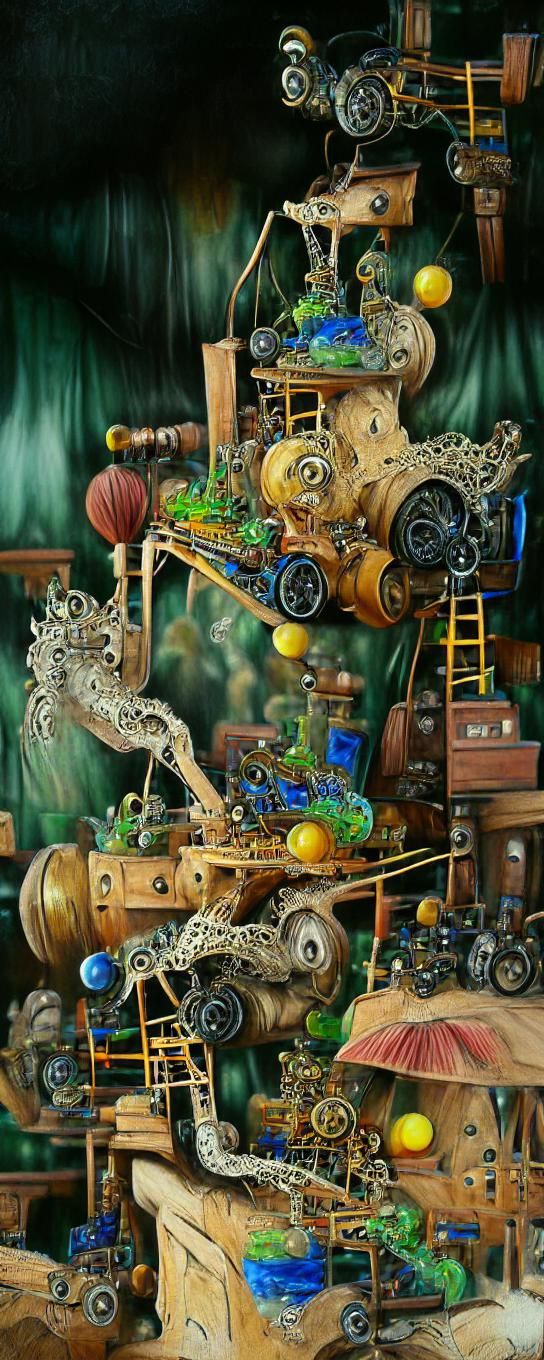 Intricate Steampunk Rube Goldberg Machine in Diorama