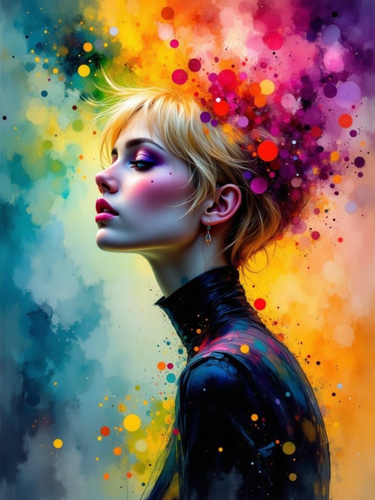 Blonde Woman in Vibrant Stardust Watercolor Oil
