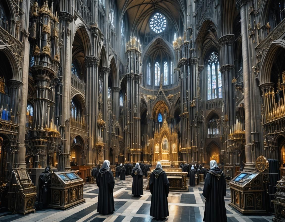 Cyber-Nuns Praying in Gothic Cathedral: Cyberpunk Image