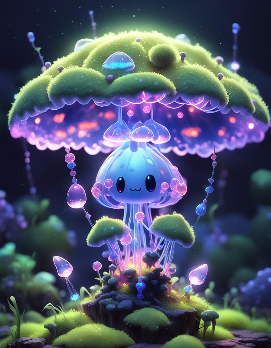 Neon Kirlian Aura of Chibi Fungi in Anime Style