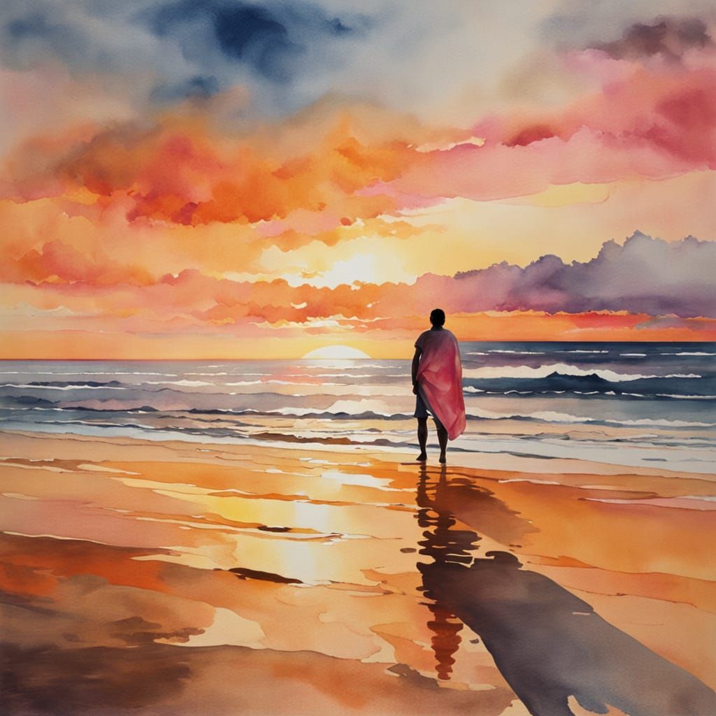 Sunset Beach: Watercolor Painting with Golden Light